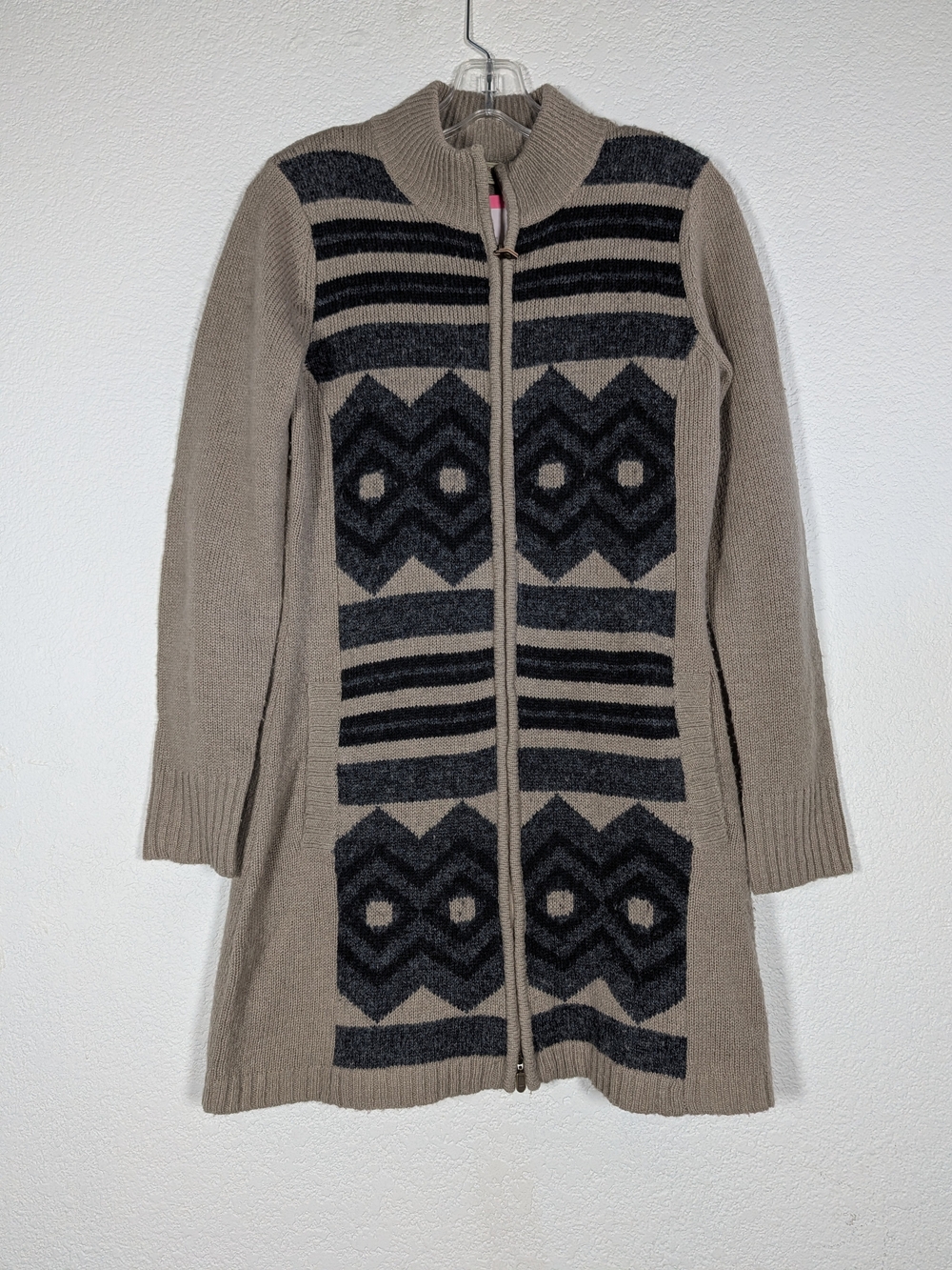 Royal Robbins Taupe and Charcoal Zip-Front Long Cardigan, Size M